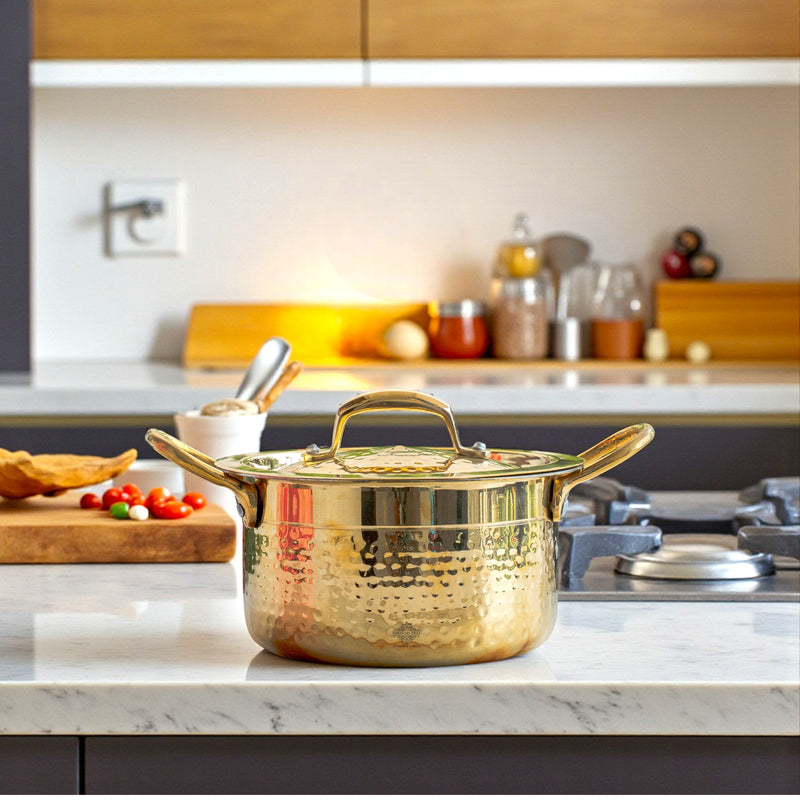Pure Brass Pot Hammered Design With Tin Lining and Lid