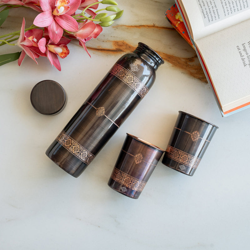 Pure Copper Drinkware Gift Set With Embossed Design