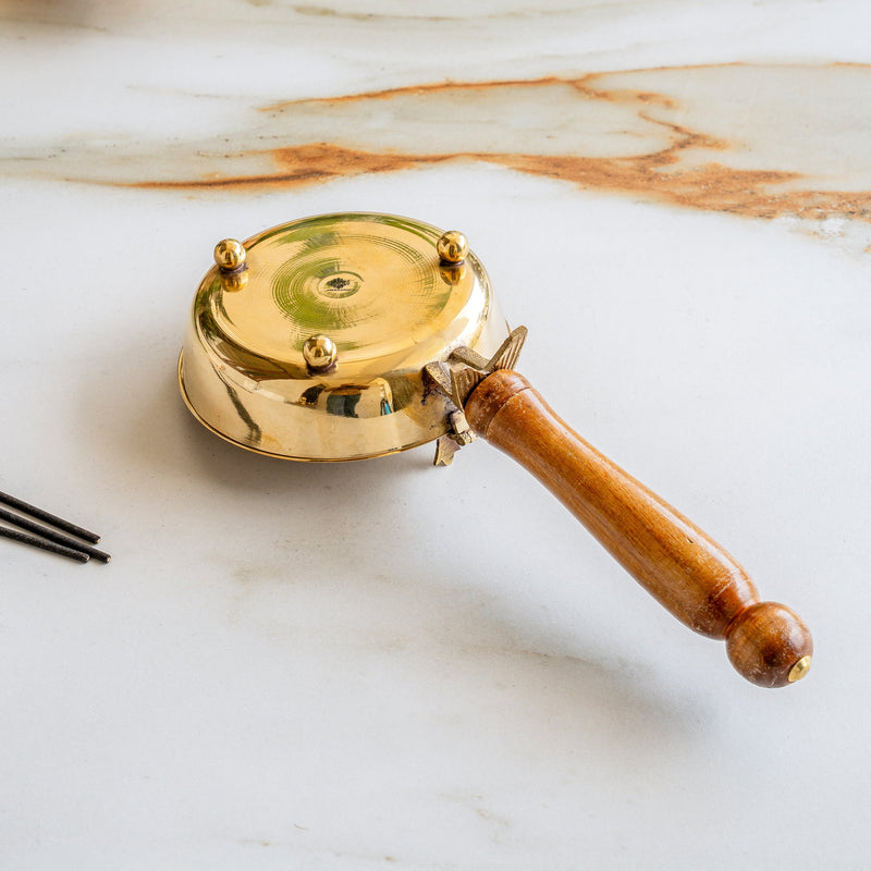 Brass Dhoopdan with Embossed Lid and Wooden Handle