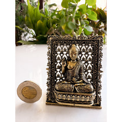 Pure Brass Miniature Buddha Statue with Ornate Decorative Border - 7.29 cm