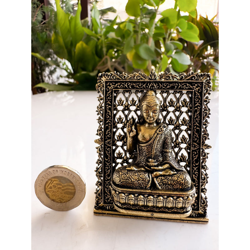 Pure Brass Miniature Buddha Statue with Ornate Decorative Border - 7.29 cm