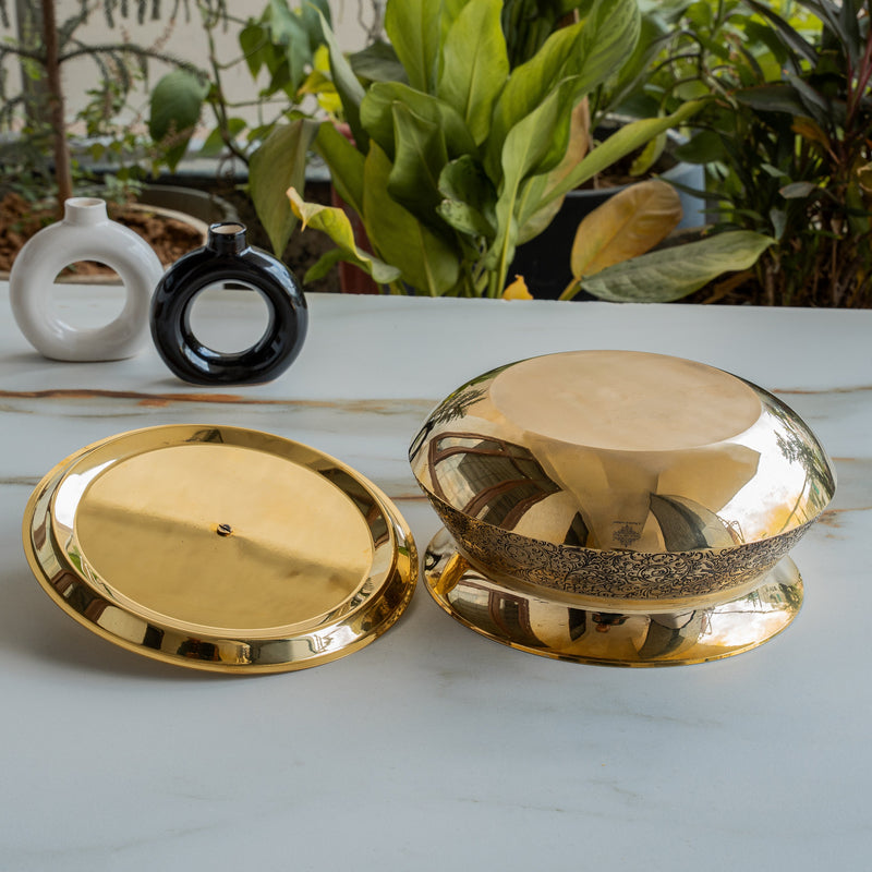 Pure Brass Handi with Lid - Embossed Floral Design Cookware