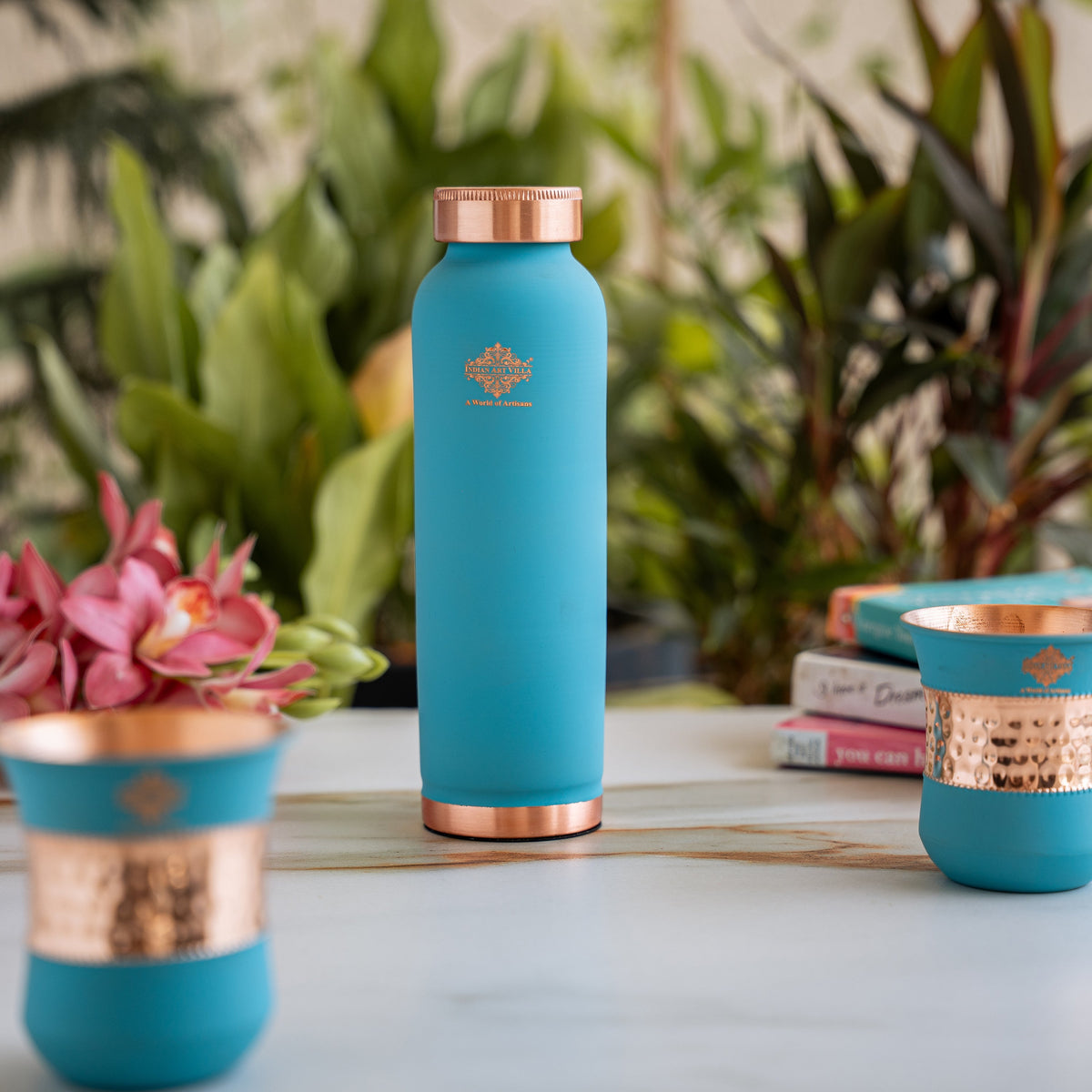 Pure Copper Drinkware Gift Set SKy Blue Color Bottle & Two Glasses