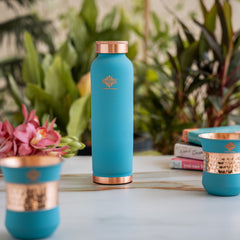 Pure Copper Drinkware Gift Set SKy Blue Color Bottle & Two Glasses