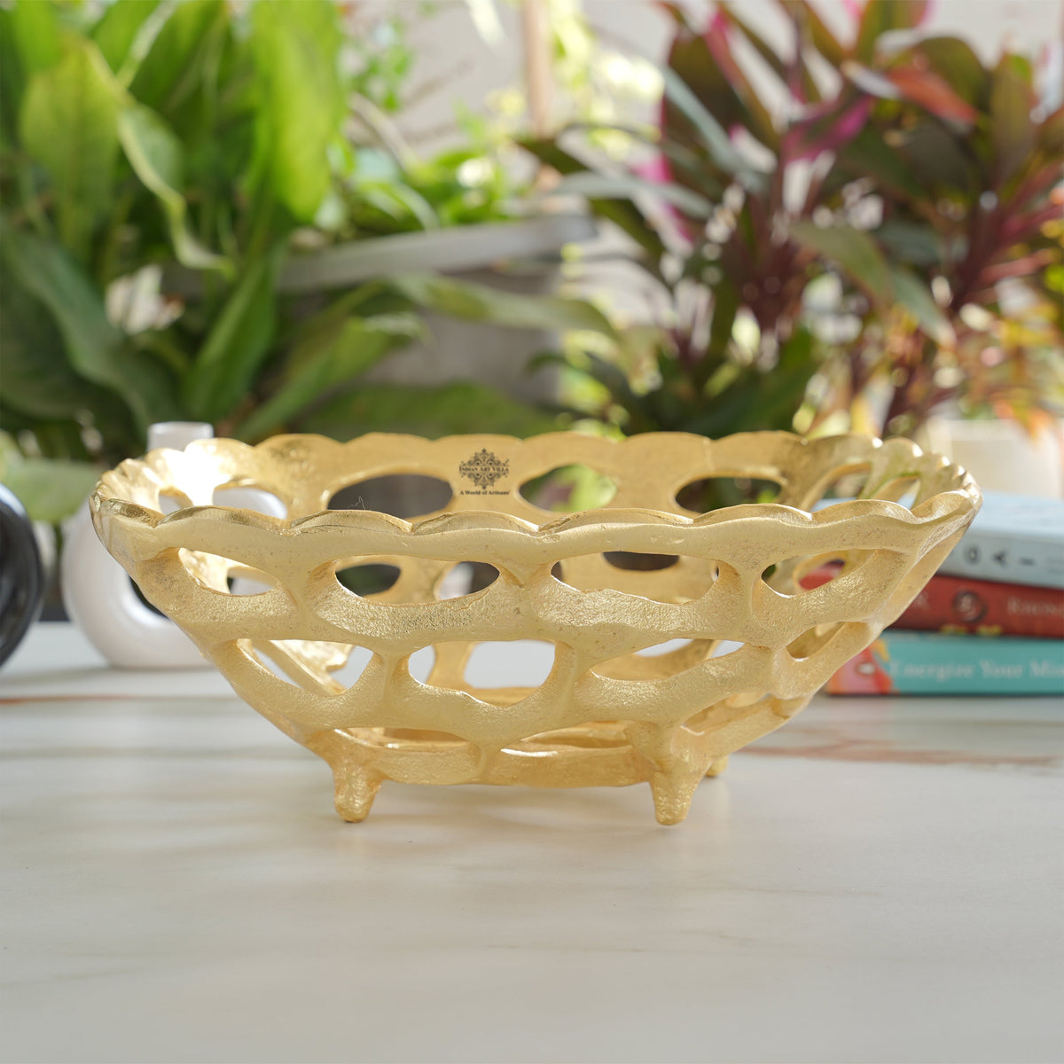 Brass Finish Hollow Design Fruit Basket,12 Inches Length