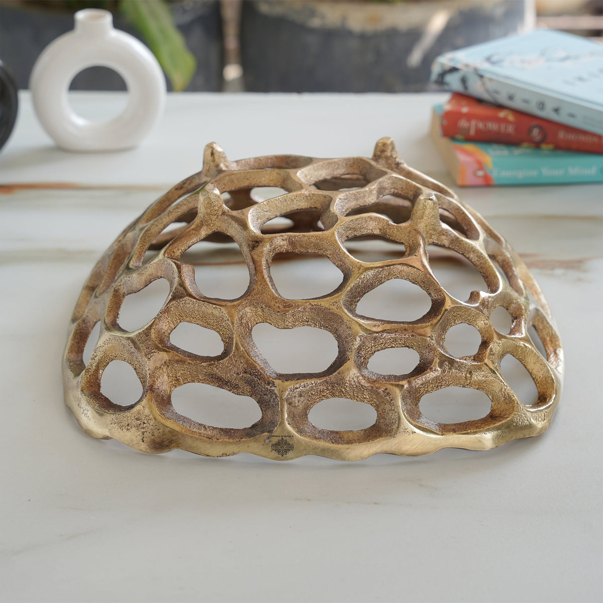 Brass Finish Hollow Design Fruit Basket,12 Inches Length