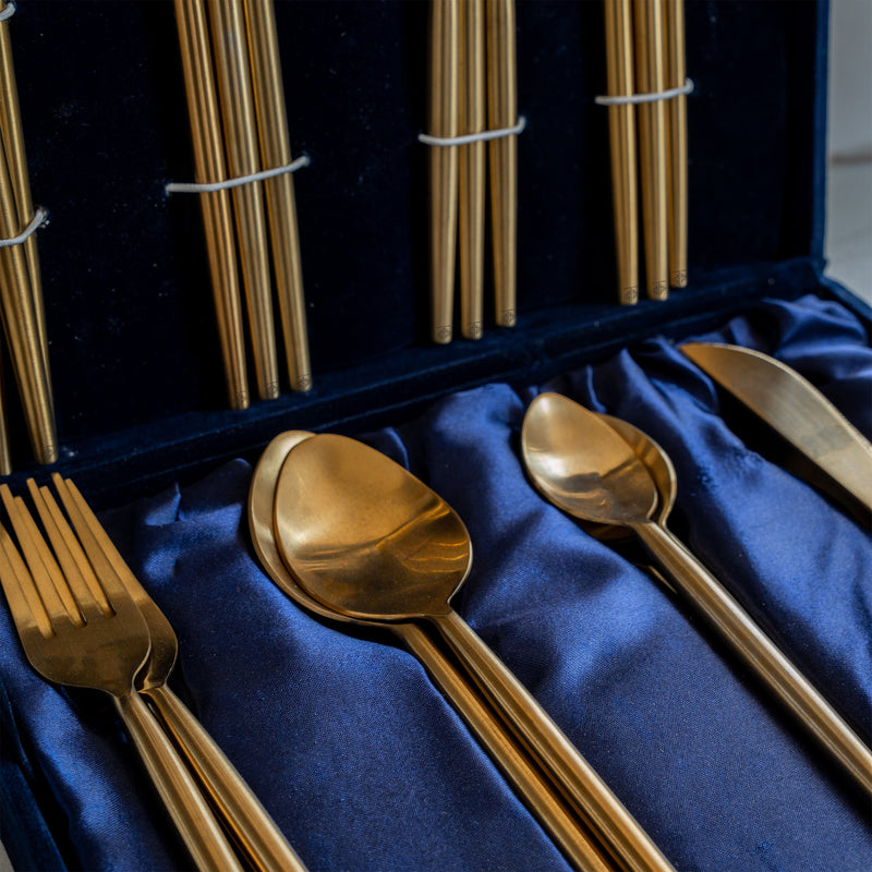 Brass Matt Finish 24 Pcs Cutlery Set with Velvet Box for Dining