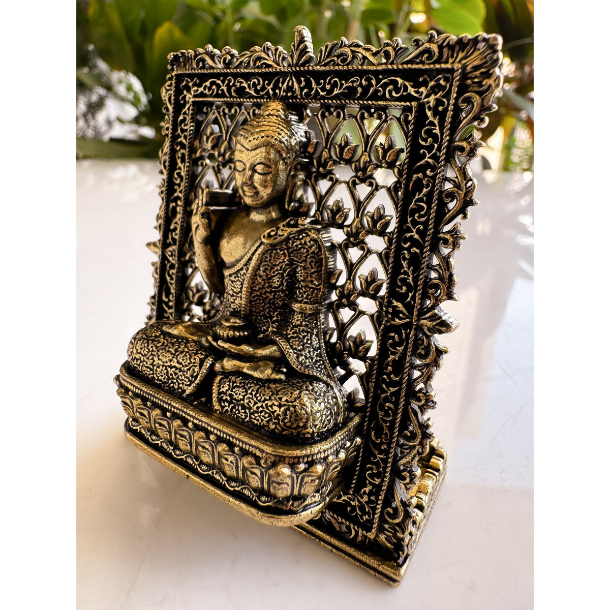 Pure Brass Miniature Buddha Statue with Ornate Decorative Border - 7.29 cm