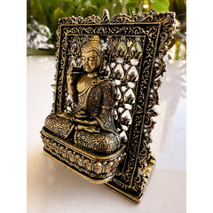 Pure Brass Miniature Buddha Statue with Ornate Decorative Border - 7.29 cm