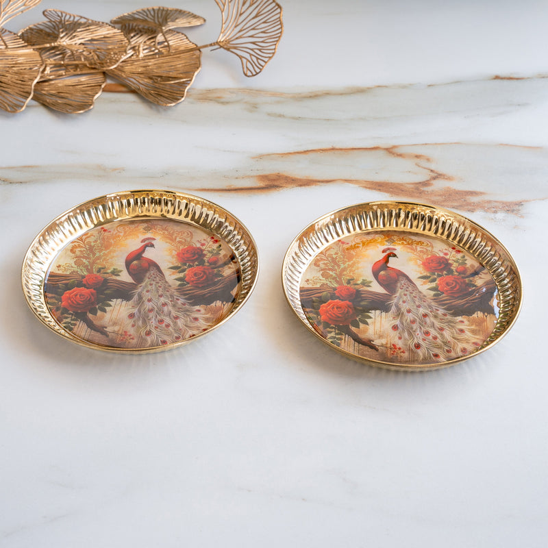 Brass Thali With Pichwai Peacock Print Set Of 2