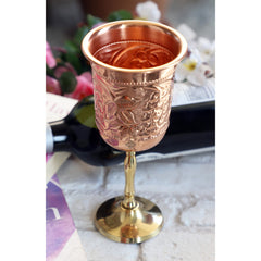 Pure Copper Wine Glass With Grape Vines Embossed Design & Brass Bottom
