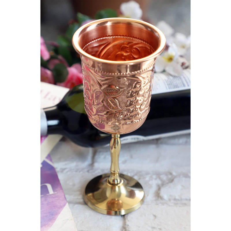 Pure Copper Wine Glass With Grape Vines Embossed Design & Brass Bottom