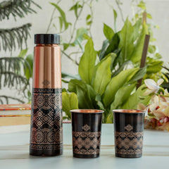 Copper Antique Finish Embossed Deisgn Bottle & 2 Glass Gift set