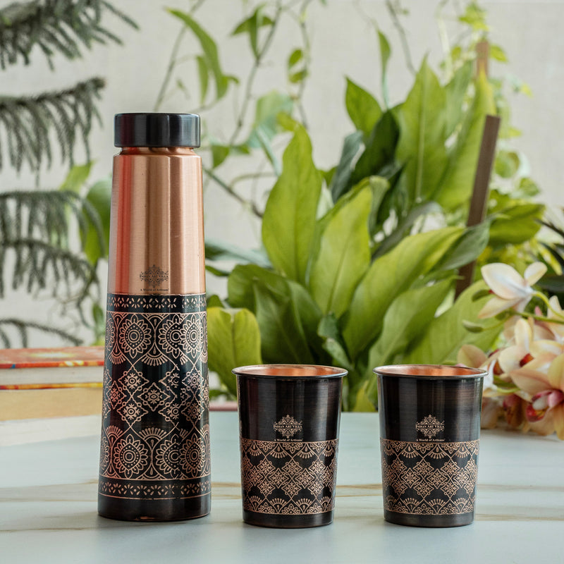 Copper Antique Finish Embossed Deisgn Bottle & 2 Glass Gift set