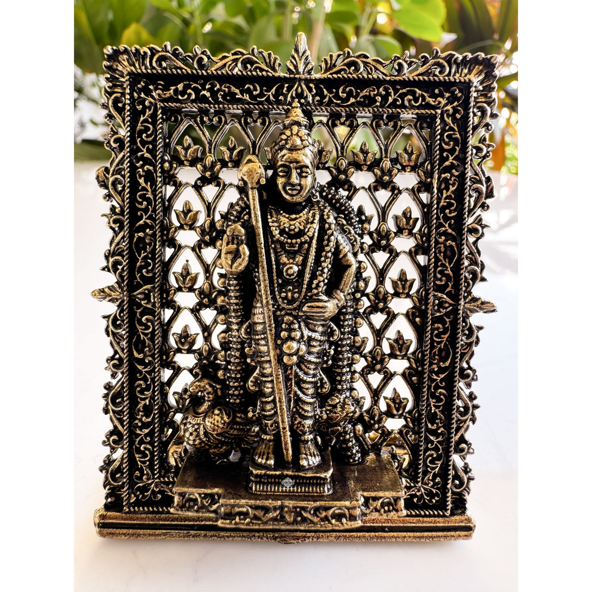 Pure Brass Miniature Murugan Ji Murti with Ornate Border - 7.37 cm