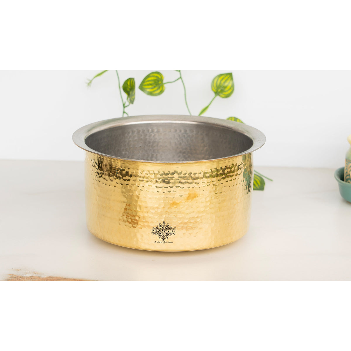 Pure Brass Patila with Lid, Tin Lining and Hammered Design