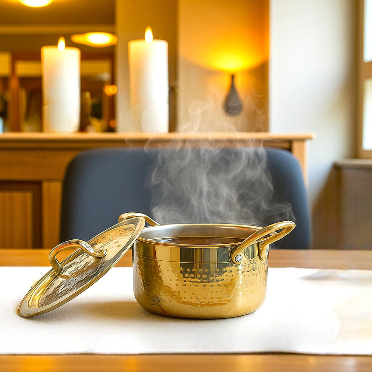Pure Brass Pot Hammered Design With Tin Lining and Lid