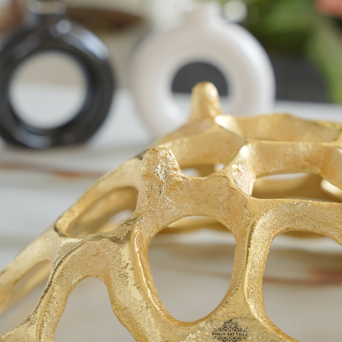 Brass Finish Hollow Design Fruit Basket,12 Inches Length