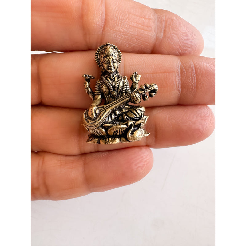 Pure Brass Miniature Saraswati Ji Murti Sitting On Lotus - 2.54 cm