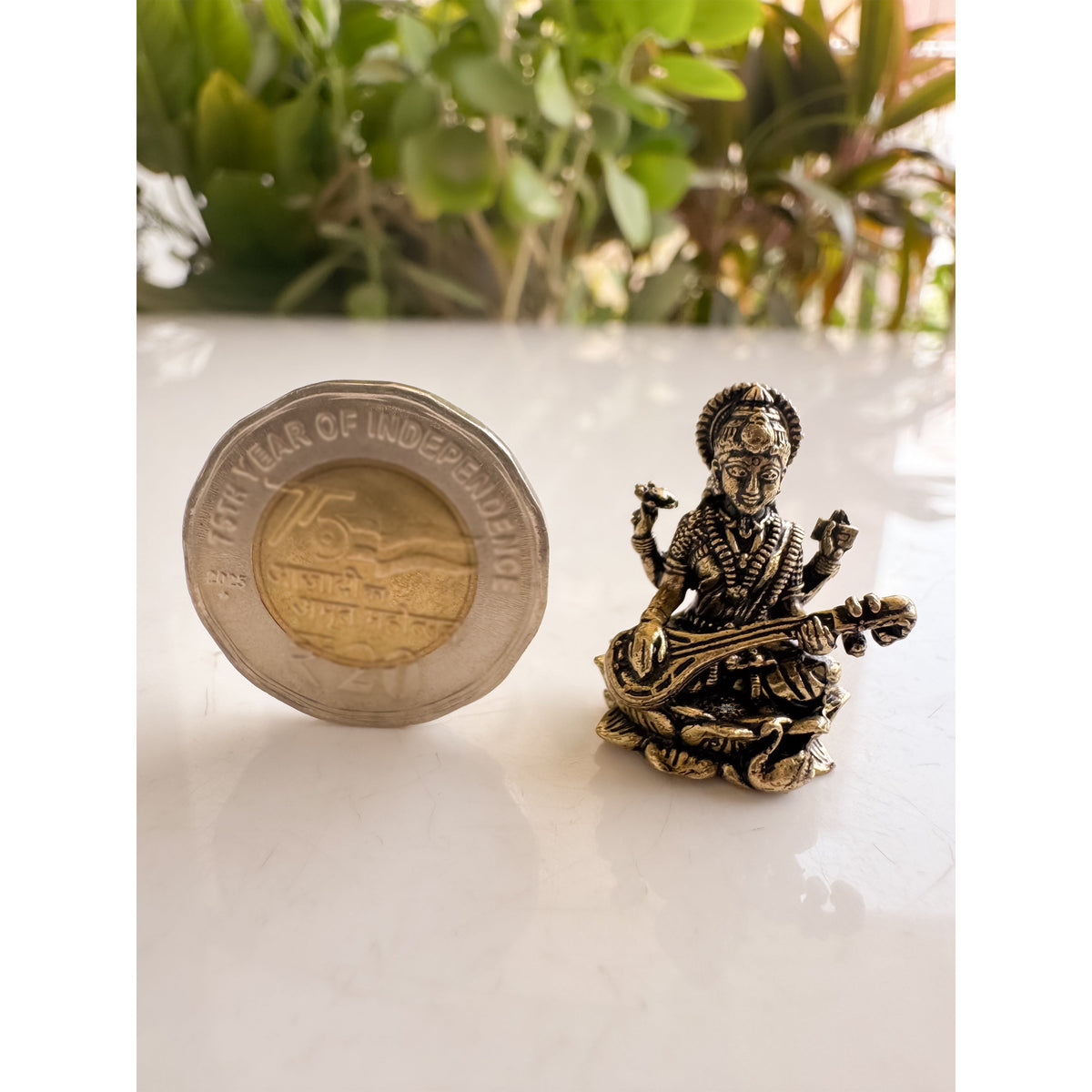 Pure Brass Miniature Saraswati Ji Murti Sitting On Lotus - 2.54 cm