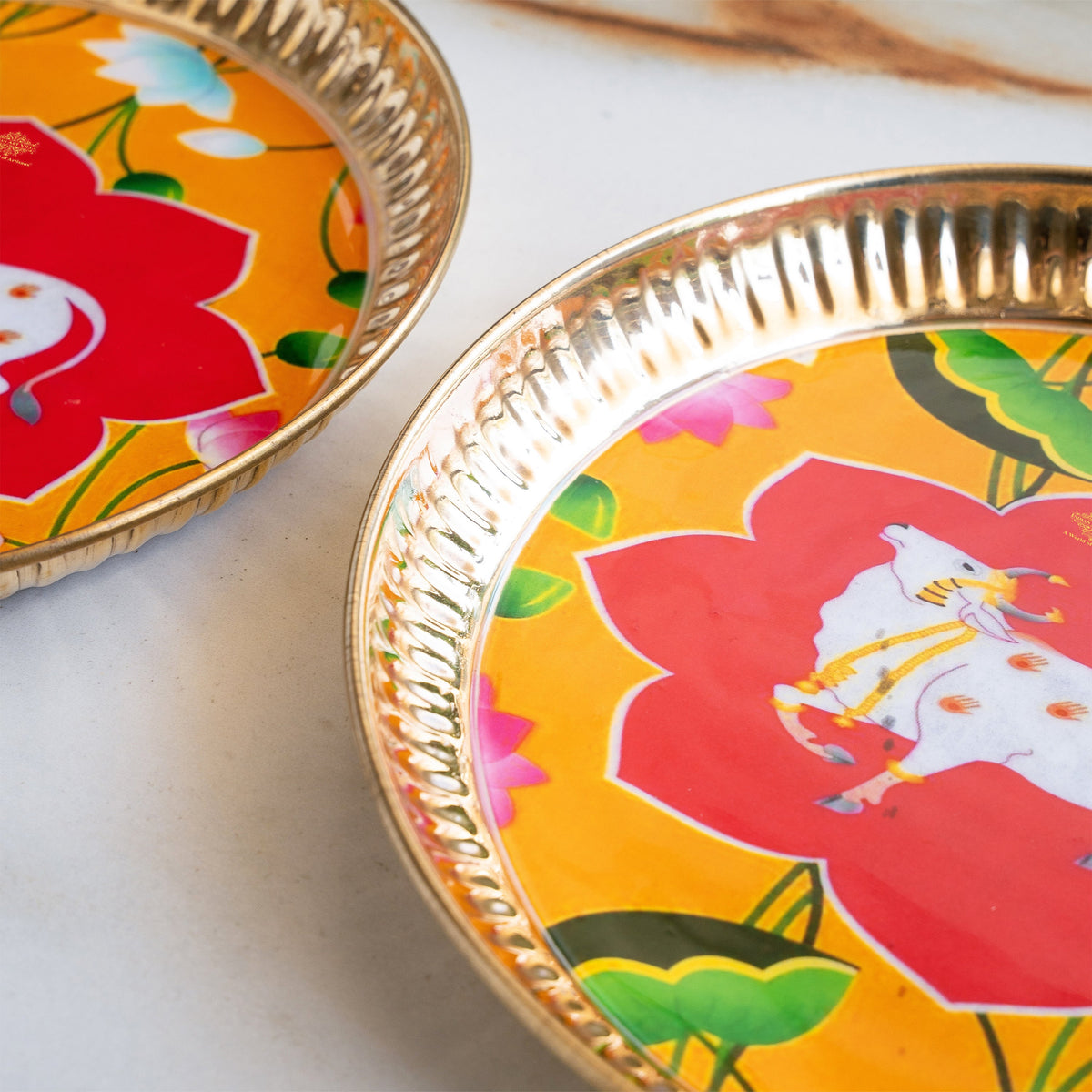 Brass Thali With Pichwai Cow Print Set Of 2