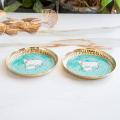 Brass Thali With Pichwai Kamdhenu Print Set Of 2
