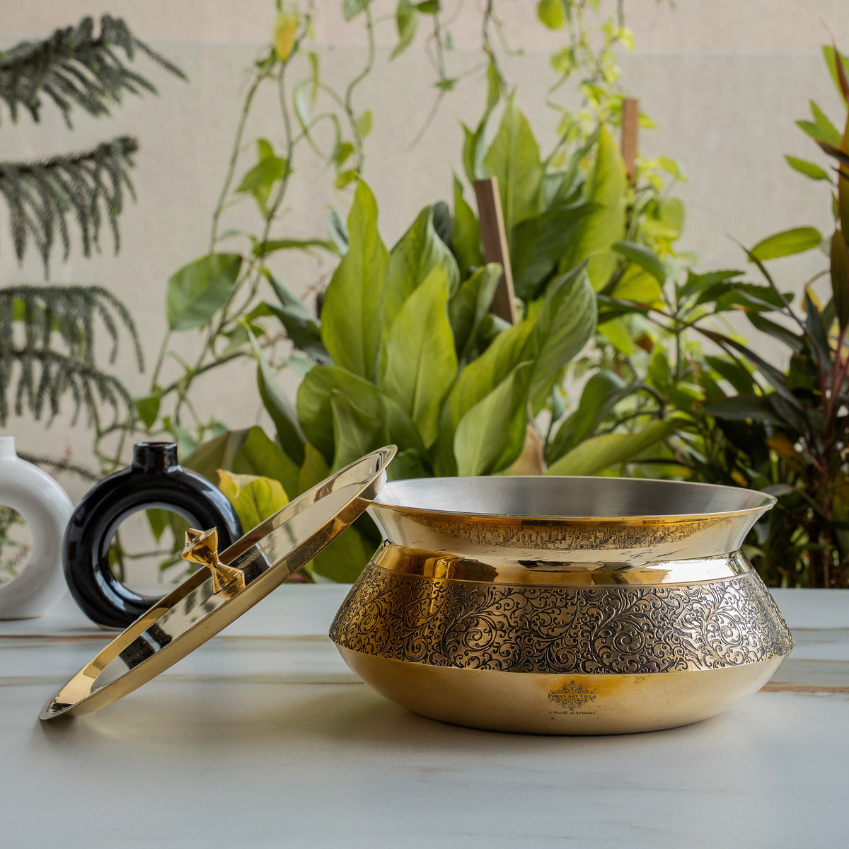 Pure Brass Handi with Lid - Embossed Floral Design Cookware