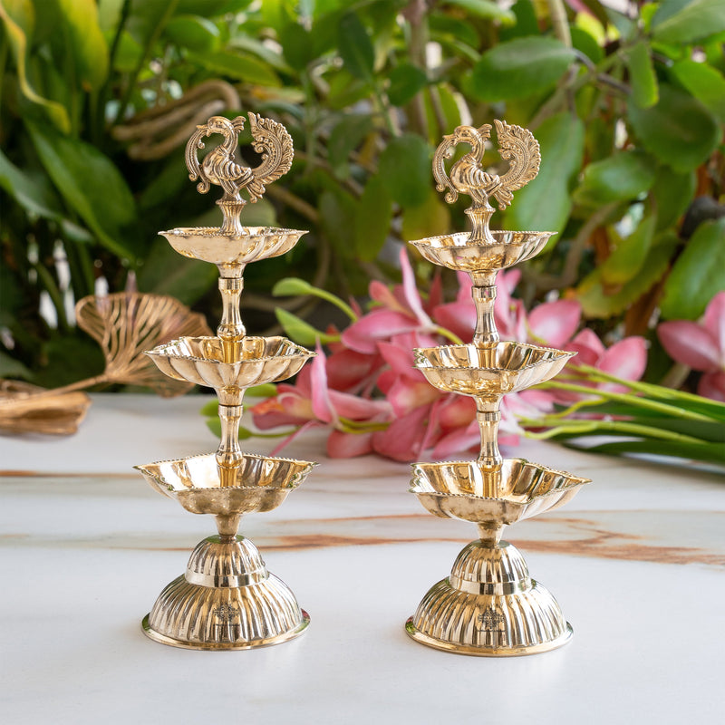 Brass Three-Tier Pillar Diya Set of 2 for Pooja & Home Décor