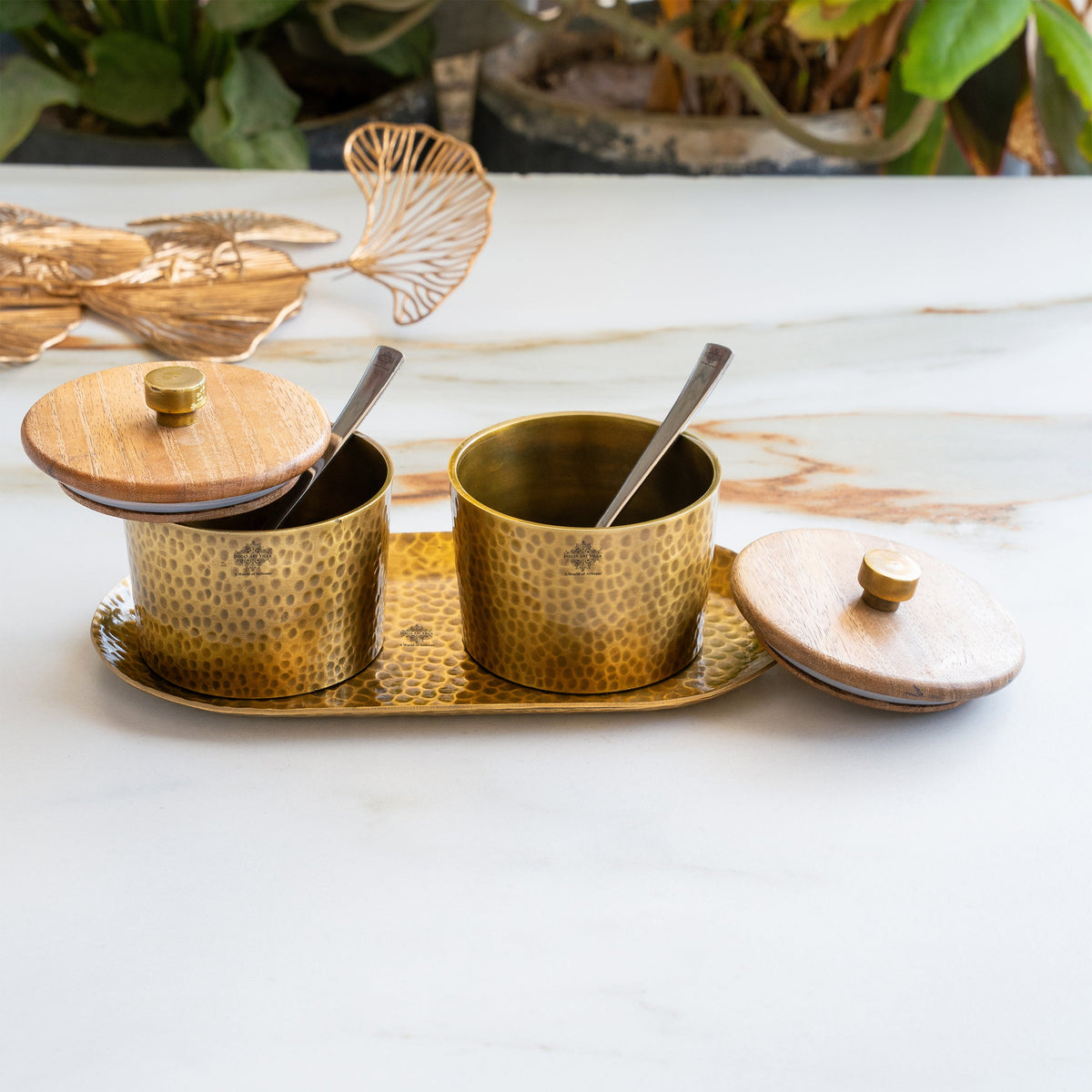 Hammered Aluminium Condiment Bowl Set with Wooden Lid & Steel Spoons