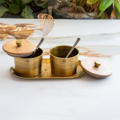 Hammered Aluminium Condiment Bowl Set with Wooden Lid & Steel Spoons