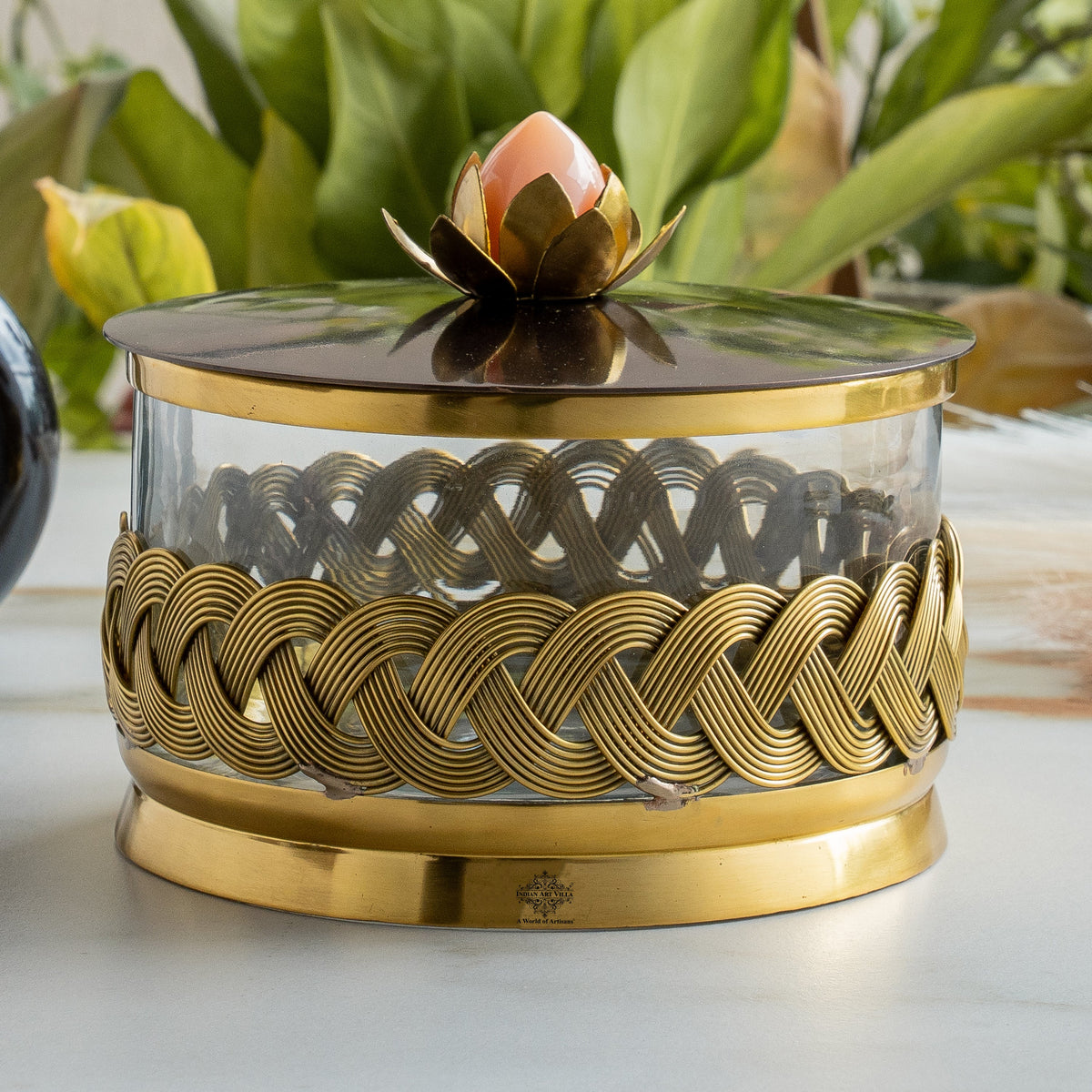 Brass Decorative Multipurpose Bowl with Lid & Lotus Design Knob