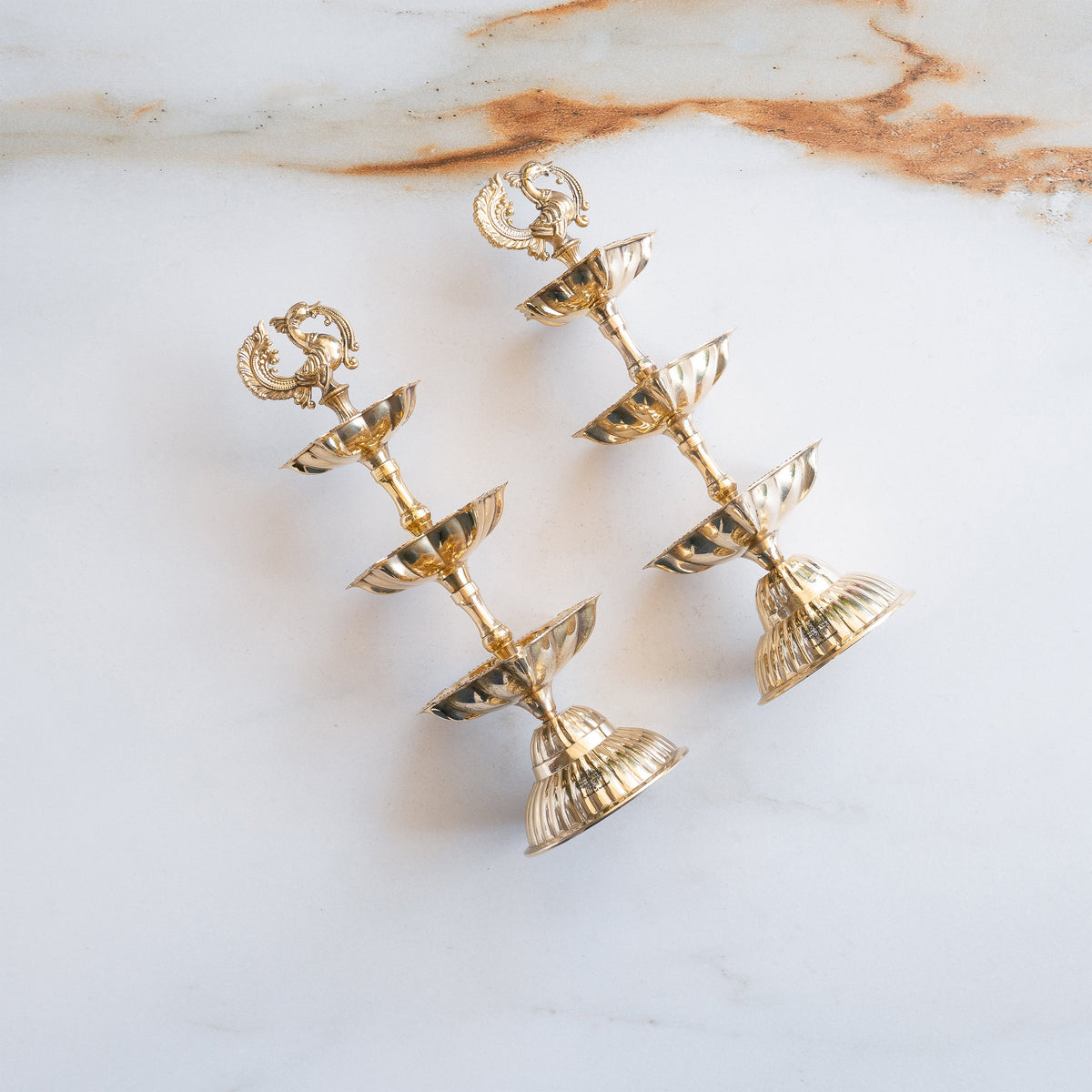 Brass Three-Tier Pillar Diya Set of 2 for Pooja & Home Décor