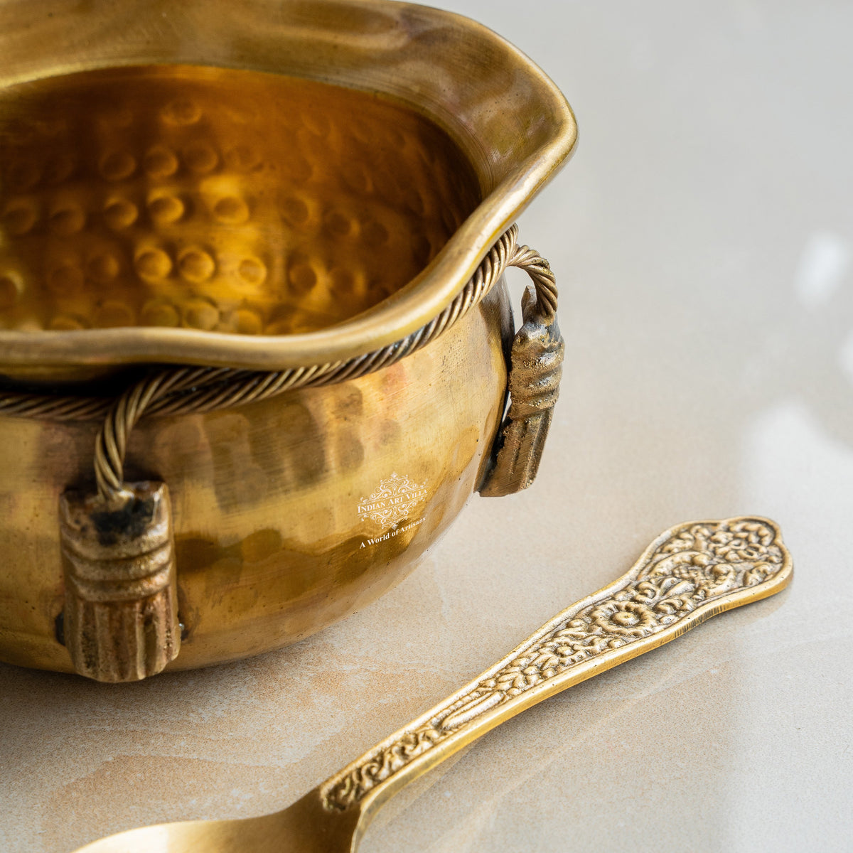 Brass Bowl & Spoon Set With Velvet Box - Hammered Design