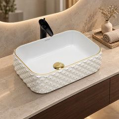 Plantex Wash Basin/Ceramic Table Top Wash Basin/Designer Countertop Basin for Bathroom/Restaurants/Hotel Rectangular (294, White & Gold, 19 x 13 x 5 Inch)-1