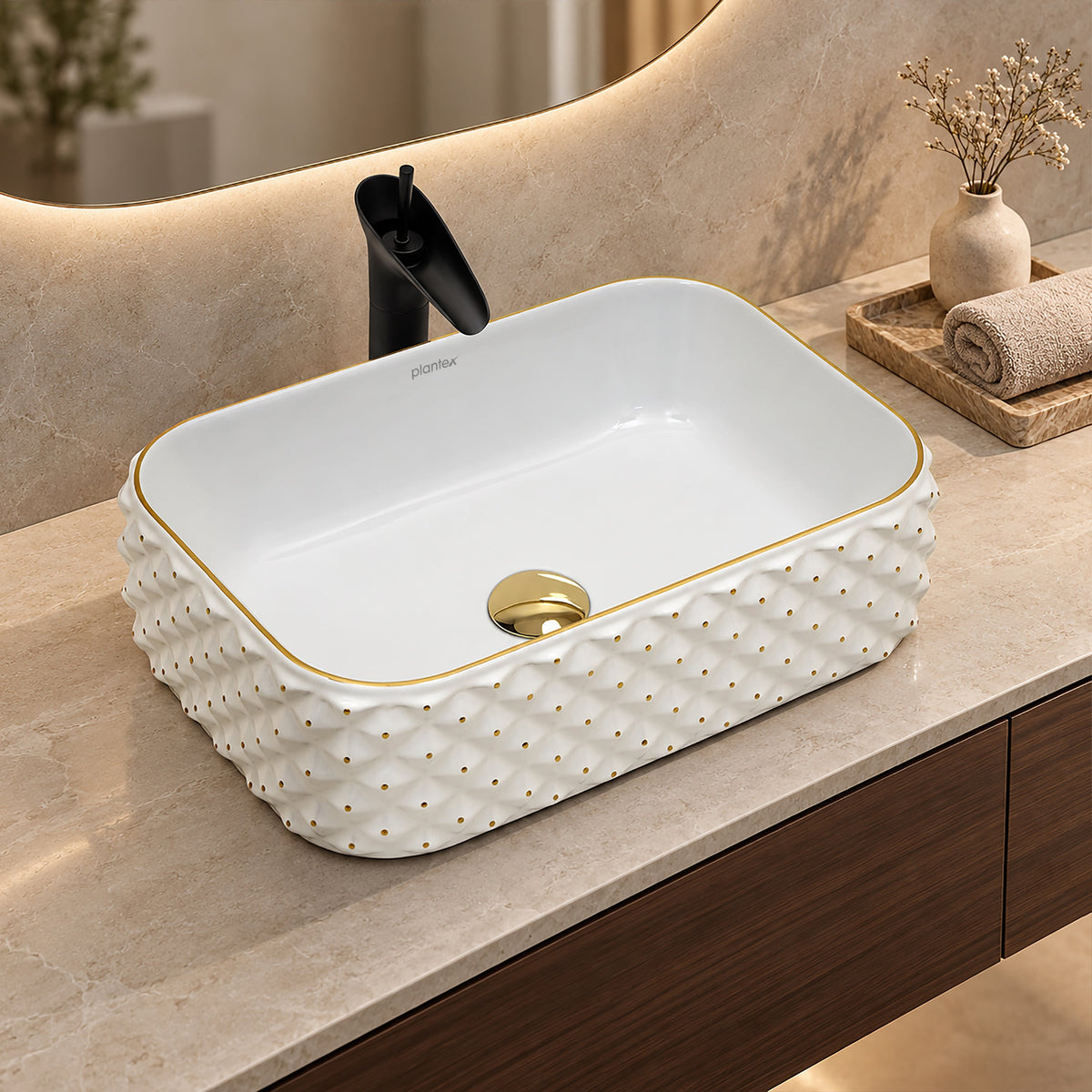 Plantex Wash Basin/Ceramic Table Top Wash Basin/Designer Countertop Basin for Bathroom/Restaurants/Hotel Rectangular (294, White & Gold, 19 x 13 x 5 Inch)