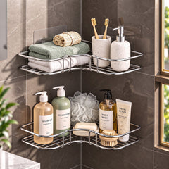 Plantex Stainless Steel Bathroom Corner Shelf/Self Adhesive Bathroom Shelf for Wall/Bathroom Organiser Without Drill - Pack of 2 (Chrome)-1