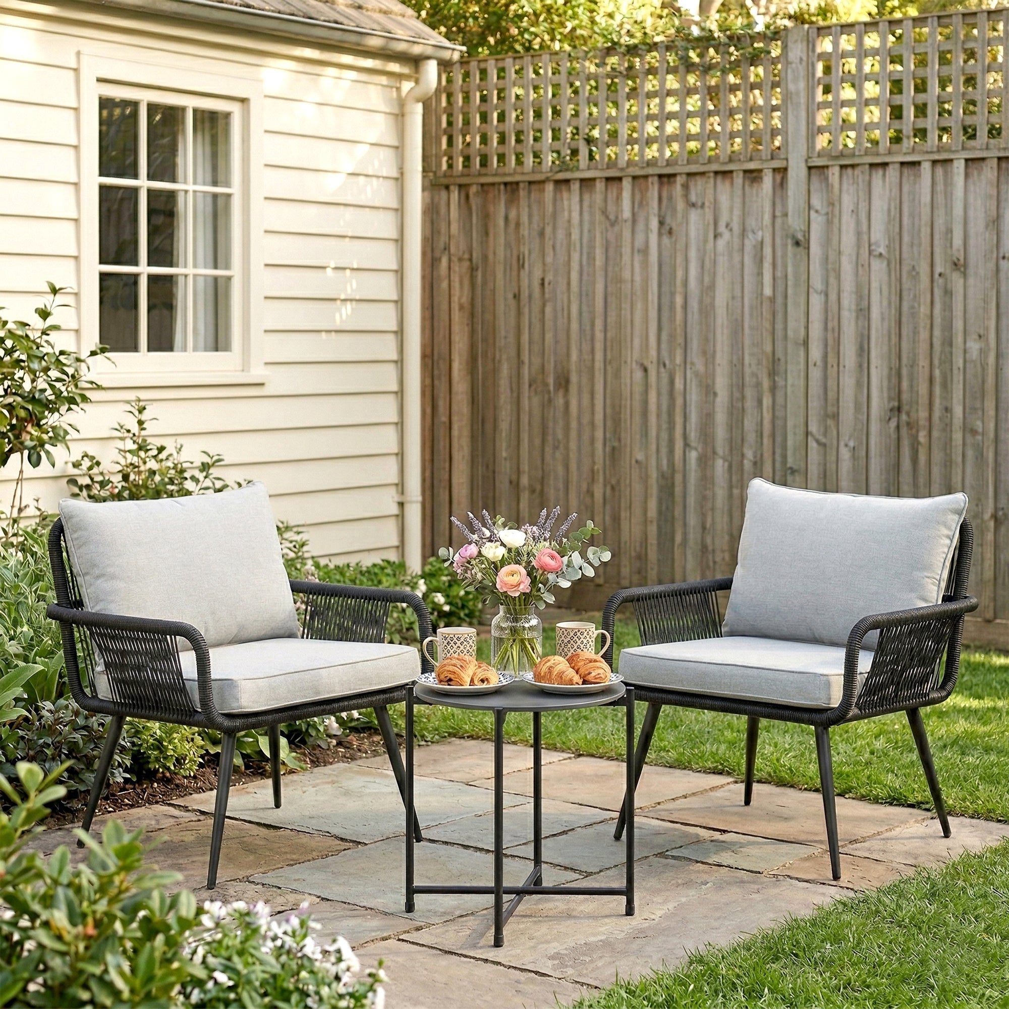 Pulp Outdoor Patio Seating Set 2 Chairs and 1 Table Set (Black) Braided & Rope