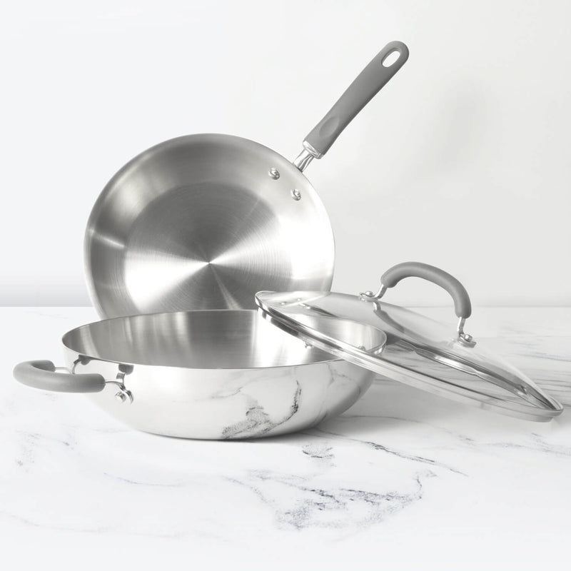 Meyer Trivantage Stainless Steel Triply Cookware 3pcs Set (26cm Frypan + Kadai/Wok with Interchangeable Glass Lid)