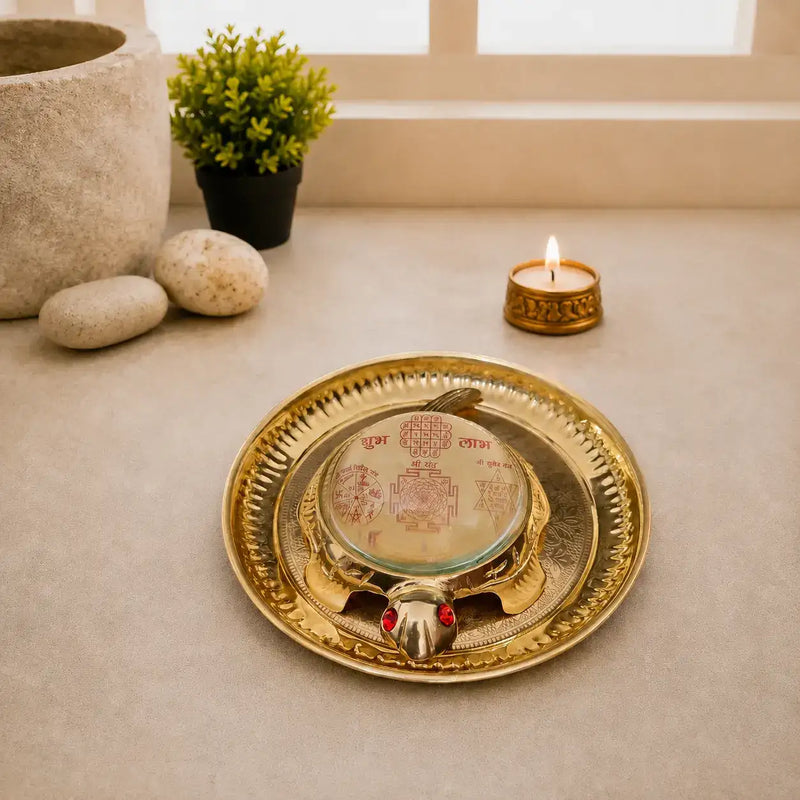 Brass Vastu Glass Shree Yantra Tortoise And Plate With Velvet Box (6 Inch)