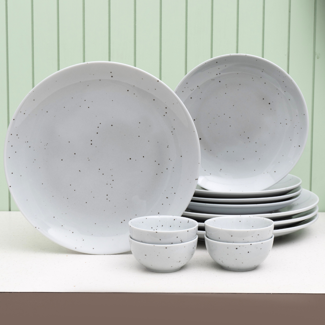 Grains Grey Porcelain Dinner Set- 12 piece, For Family of 4