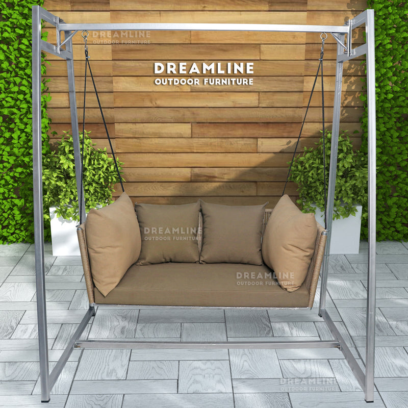 Ingo Double Seater Hanging Swing With Stand For Balcony , Garden Swing (Beige) Braided & Rope