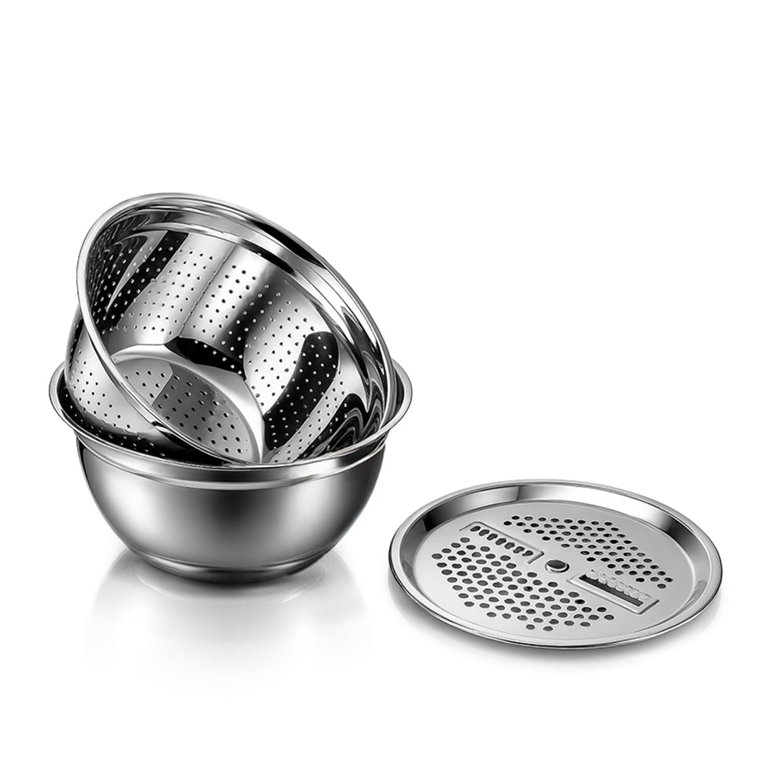 Wonderchef Modena Stainless-steel Bowl with Strainer, Grater | Multi-slot Lid for Fine/Coarse Grating | Food-grade, Non-