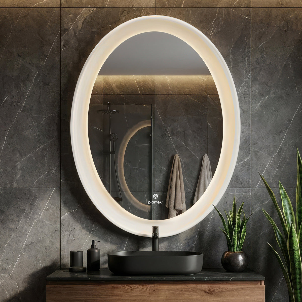 Plantex Resin Frame LED Bathroom Mirror/Designer Mirror for Living Room/Bathroom Mirror with LED Light/Dressing Room - Oval Shape (White, 32 x 24 Inch)-1