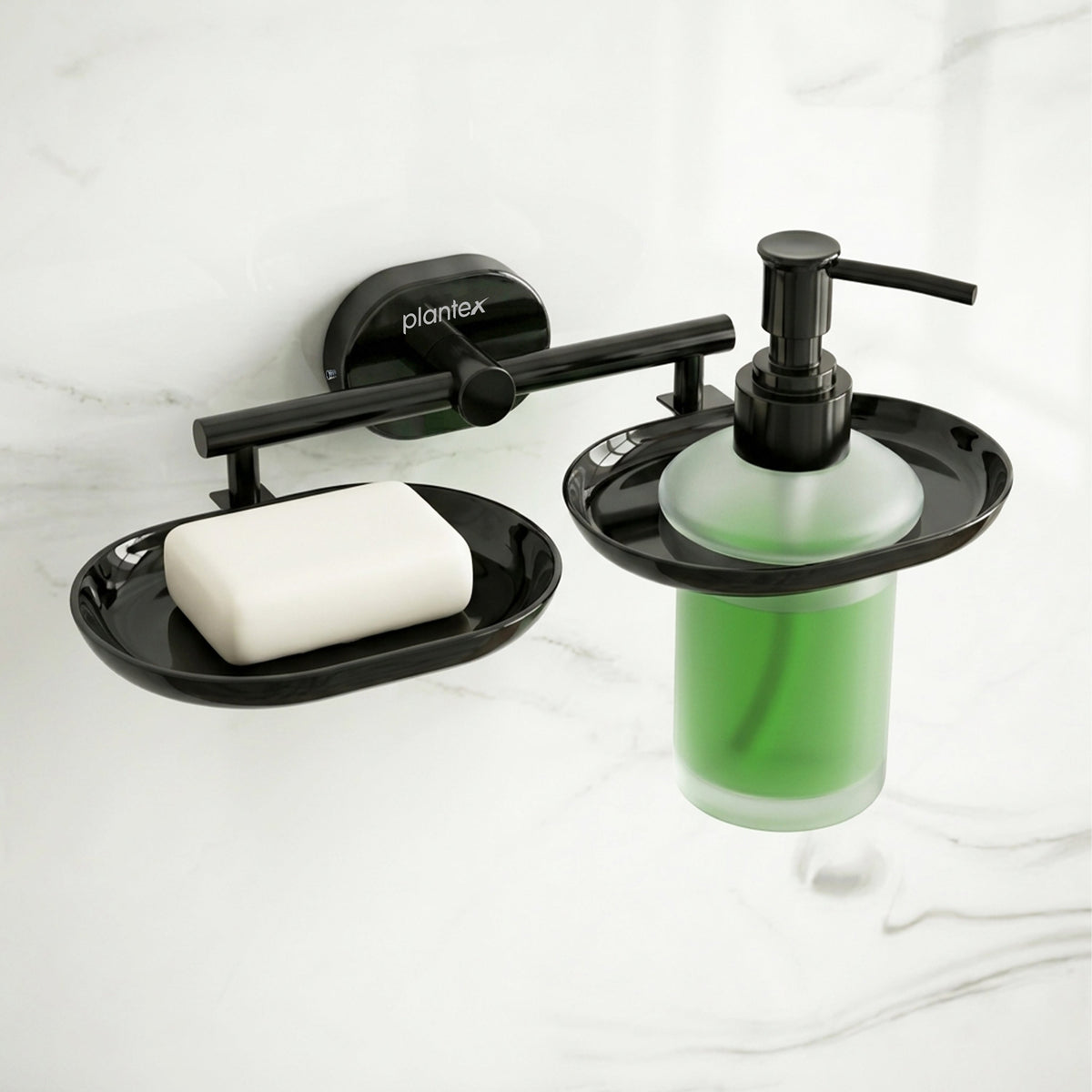 Plantex J4 Stainless Steel Soap Dish with Liquid Dispenser/Soap Stand for Bathroom Wall Mount/Shampoo Dispenser/Bathroom Accessories (PVD Black Finish) Onix-1