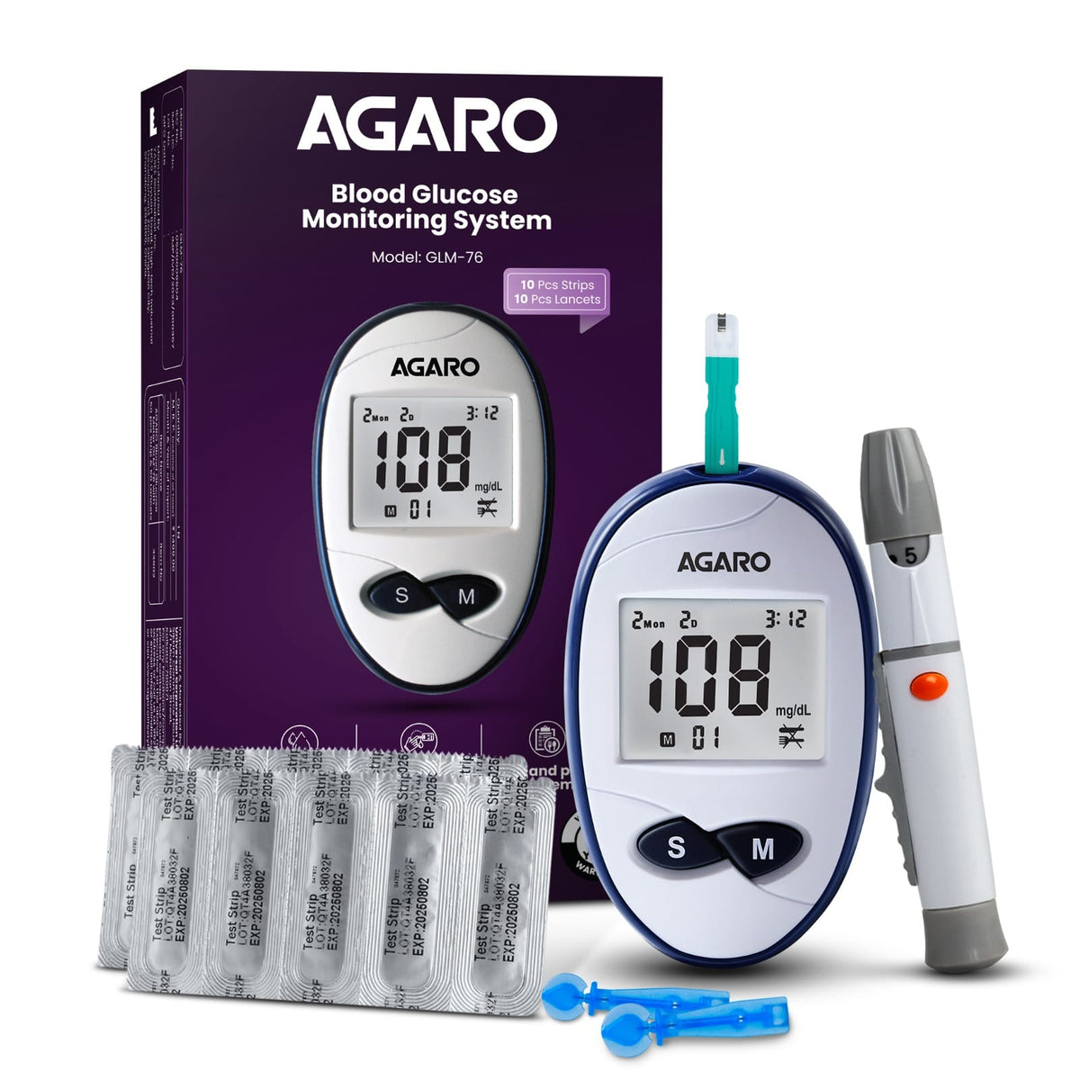 AGARO Glucometer, Blood Glucose Monitoring System with 10pcs Strips & Lancets, Glucometer Machine, Instant Blood Sugar T
