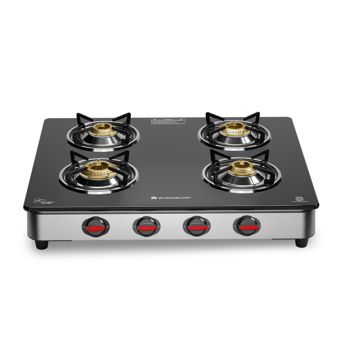 Wonderchef Regal 4 Brass Burner Gas Stove, LPG Gas Stove for Kitchen, ISI Toughened Glass Surface, SS Frame, Spill-proof