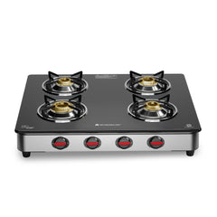 Wonderchef Regal 4 Brass Burner Gas Stove, LPG Gas Stove for Kitchen, ISI Toughened Glass Surface, SS Frame, Spill-proof