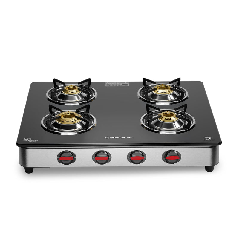 Wonderchef Regal 4 Brass Burner Gas Stove, LPG Gas Stove for Kitchen, ISI Toughened Glass Surface, SS Frame, Spill-proof