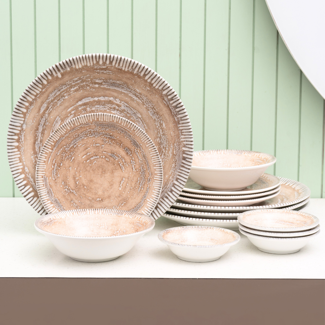 Textures Ground Porcelain Dinner Set- 14 piece, For Family of 4