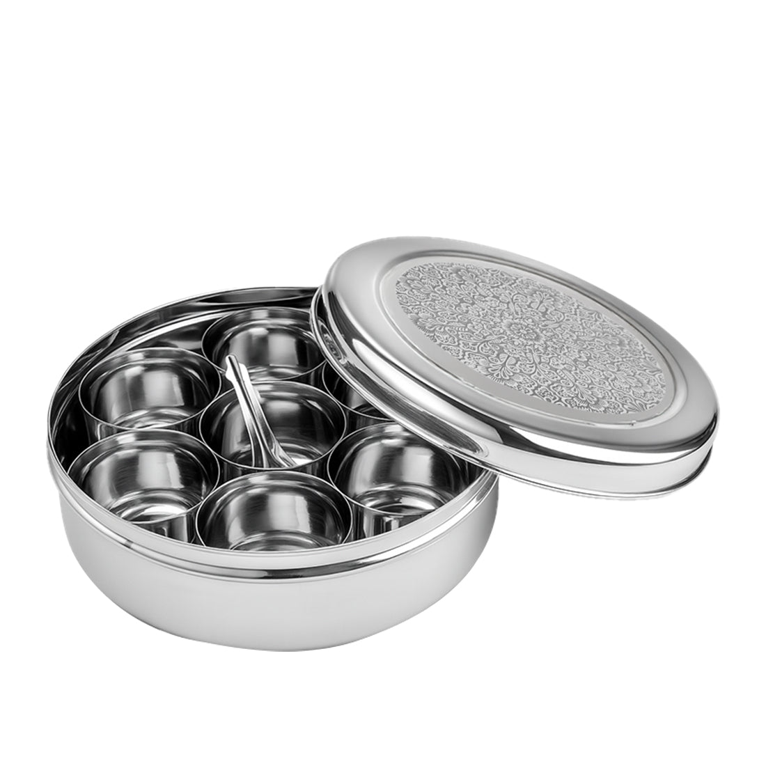 Wonderchef Ambrosia Stainless-steel Spice Box | 7 Containers, 1 Small Spoon | Premium Inlay Design on Stainless-steel Li